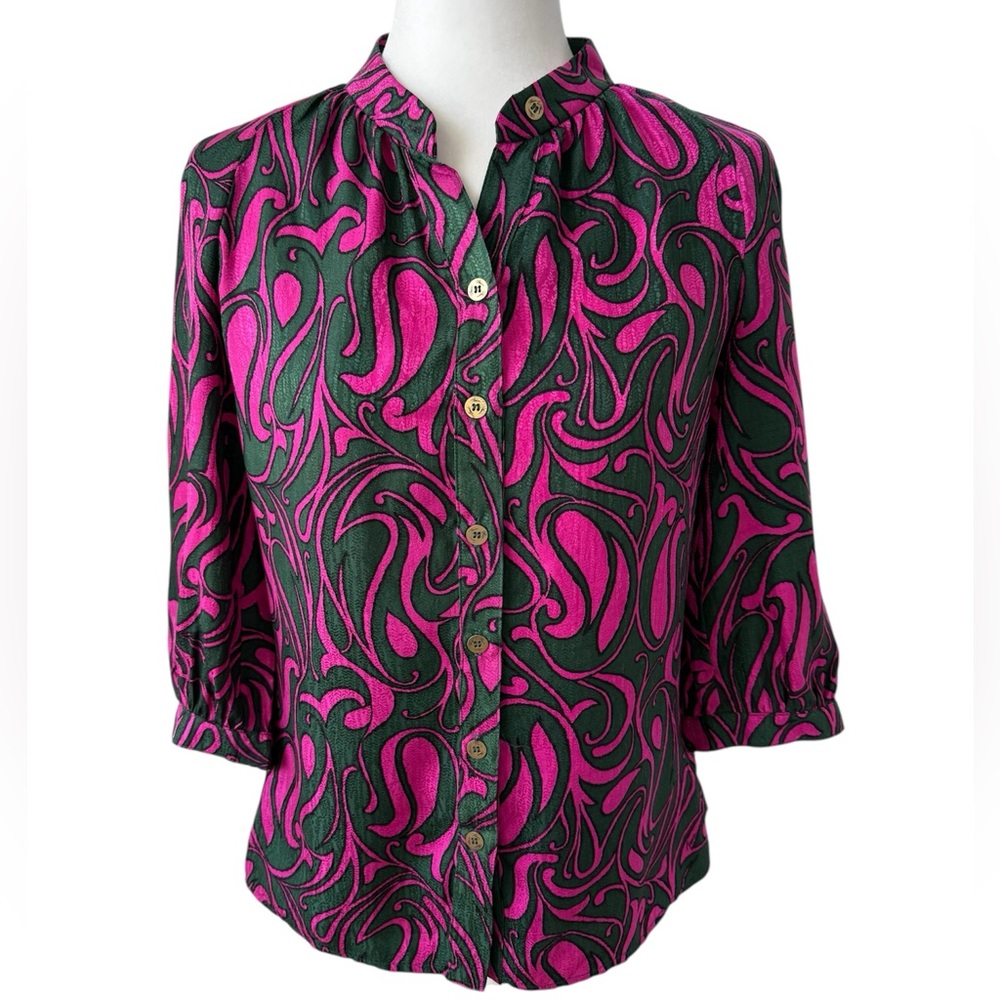 Trina Turk 100% Silk Jacquard Blouse Pink Green Button Front Resort Top Petite - Picture 2 of 7